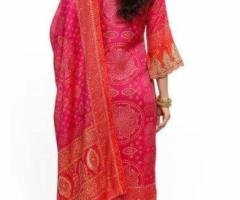Buy Now: Pink-Red Bandhej Suit Set with Dupatta – Traditional Charm Rs. 1,999