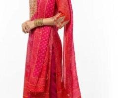 Buy Now: Pink-Red Bandhej Suit Set with Dupatta – Traditional Charm Rs. 1,999