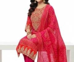Buy Now: Pink-Red Bandhej Suit Set with Dupatta – Traditional Charm Rs. 1,999