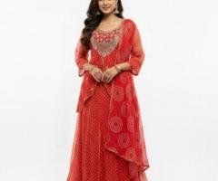 Buy Now: Orange Bandhani Anarkali Suit Set with Dupatta – Traditional Elegance Rs. 2,299