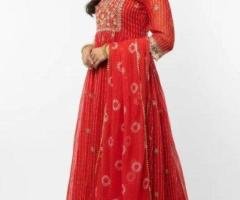 Buy Now: Orange Bandhani Anarkali Suit Set with Dupatta – Traditional Elegance Rs. 2,299