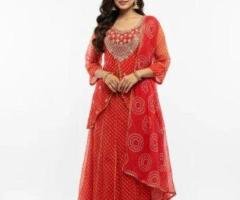 Buy Now: Orange Bandhani Anarkali Suit Set with Dupatta – Traditional Elegance Rs. 2,299