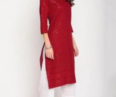 Buy Maroon Chikan Embroidery Kurti with Sequence Work online
