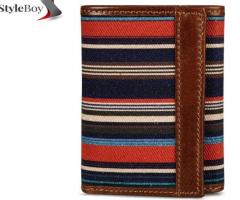 Men Pioneer Leather and Printed Cotton Canvas Trifold Wallet.
