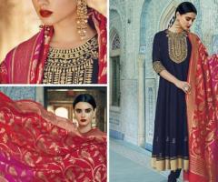 Buy Now: Divine Drapes - Chanderi Silk Kalidaar & Pure Munga Tussar Dupatta - 1