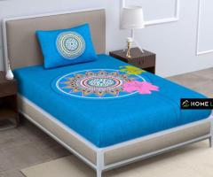 Homeline Cotton Single Flower Blue Jaipuri Bedsheet with 1 Pillow Covers (Size 217*145cm)