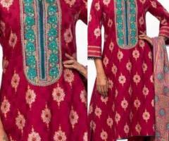Red wine Printed and Embroidered Viscose-Cotton Shalwar Kameez