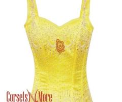 Plus Size Yellow Satin With Sequins Work Burlesque Corset With Shoulder Strap