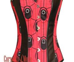Red And Black Printed Lycra Leather Stripes Squid Game Costume Overbust Bustier Top