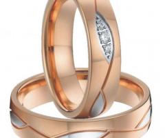 Stainless Steel Couple Cubic Zirconia Wedding Bands Rose Gold Color