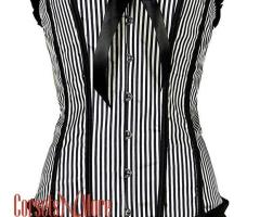 Black And White Cotton Striped Frill Gothic Overbust Corset - 1