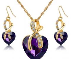 Elegant Gold Plated Crystal Heart Necklace Earrings Jewelry Set