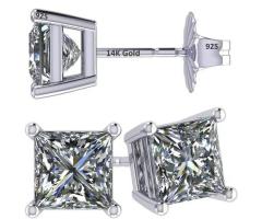 Elegant Princess Cut CZ Stud Earrings - 14K Gold Posts, 3.00cttw Platinum Plated