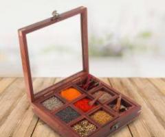 BUY ONLINE WOODEN MASALA DABBA SPICE BOX FOR KITCHEN