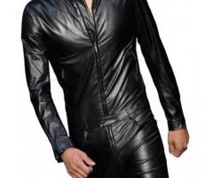Redefine Your Style: Embrace Confidence and Sophistication with Men's Black Leather Jumpsuit!