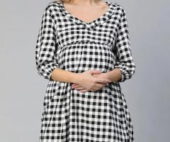 Touched Black Ruffled Elasticated Check Print Maternity Dress