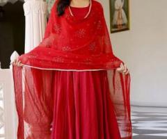Red cotton Anarkali suit with hand block printed chiffon dupatta